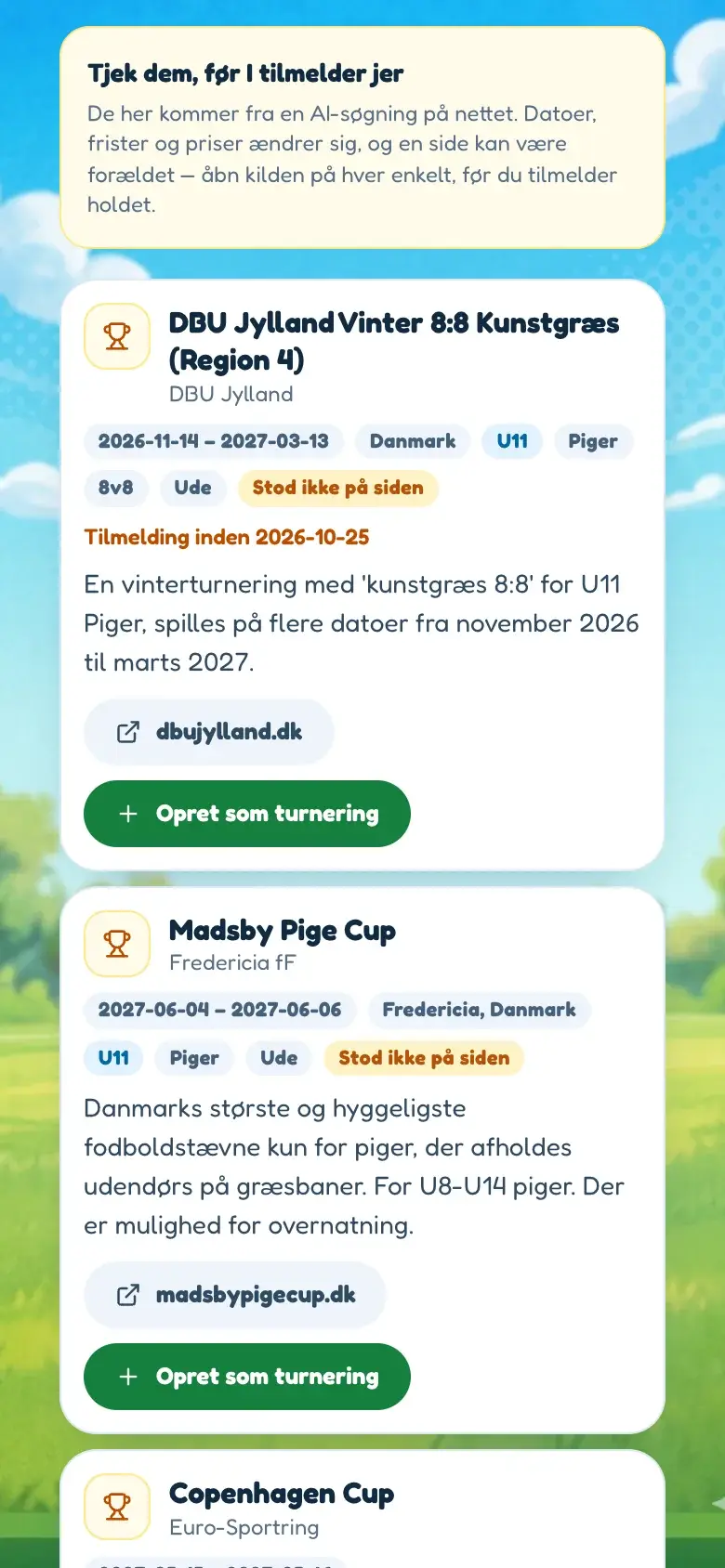 Find et stævne i BallQuest på en telefon: stævner fundet på nettet, hver med datoer, by, årgang og tilmeldingsfrist, et link til siden, det kom fra, og en knap til at lægge det på holdet.