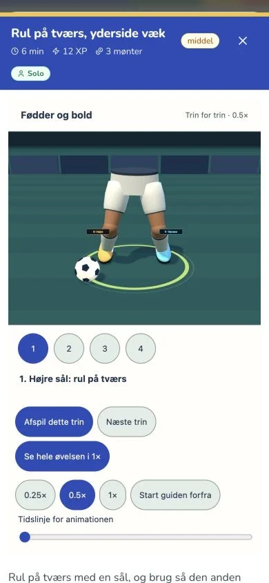 En trinvis 3D-guide, der viser fødder og bold.