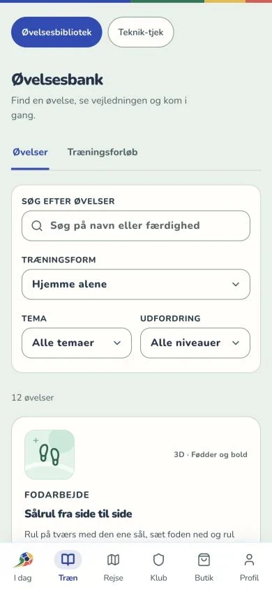 Øvelsesbanken med hjemme-, makker- og holdtræning.