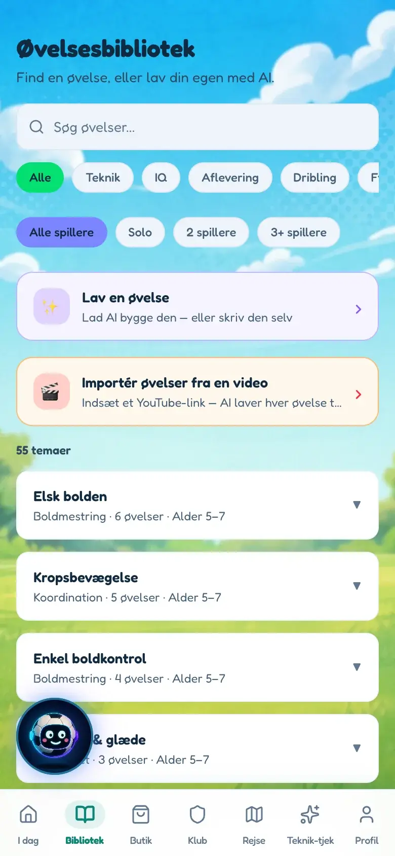BallQuests øvelsesbibliotek på en telefon: et søgefelt, kategorifiltre og en liste over temaer.