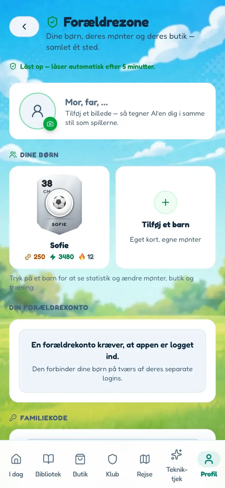 BallQuests forældrezone på en telefon: børnene på kontoen med deres mønter, XP og stime, og familiekoden der åbner voksenværktøjerne.