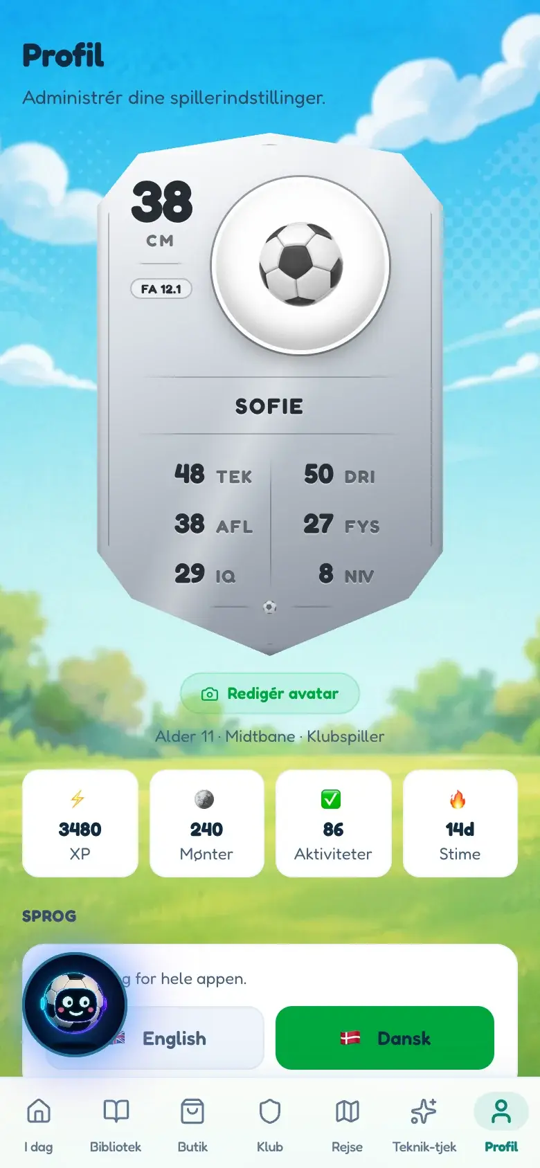 En BallQuest-spillerprofil på en telefon: et spillerkort med evner, XP, mønter og sprogvalget.