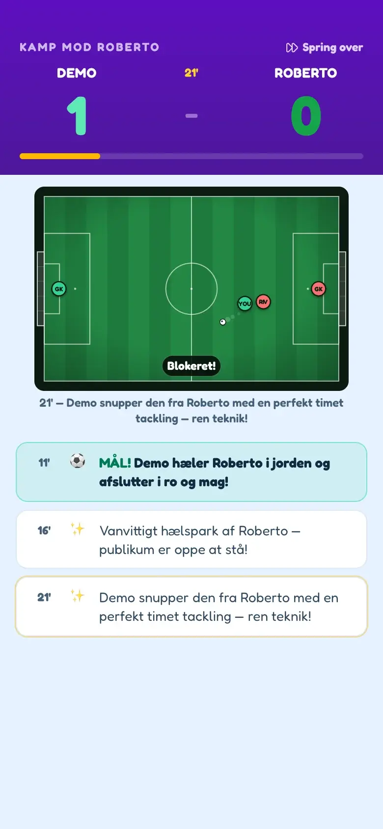En BallQuest-rivalkamp på en telefon: stillingen efter 21 minutter, spillet der udspiller sig på en bane, og kampens højdepunkter indtil nu.