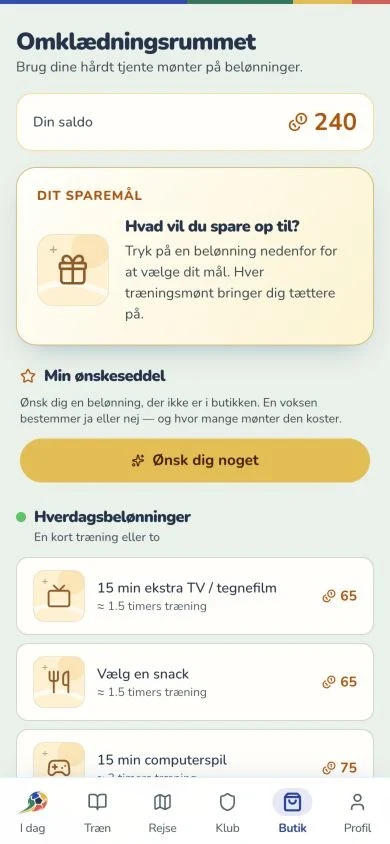 Butikken med belønninger optjent gennem træning.