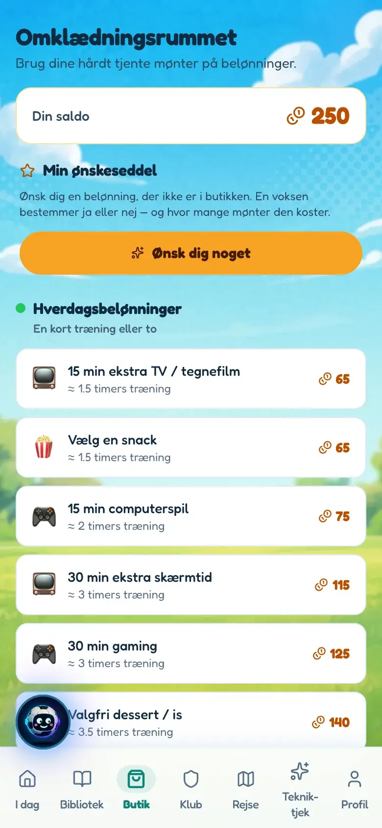 BallQuests butik på en telefon: en møntsaldo, en ønskeseddel og hverdagsbelønninger prissat i mønter med den træningstid, hver enkelt koster.