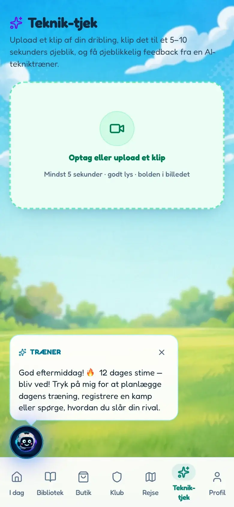 Teknik-tjek på en telefon: et felt, der beder om et klip på fem til ti sekunder med spillerens dribling, i godt lys og med bolden i billedet.