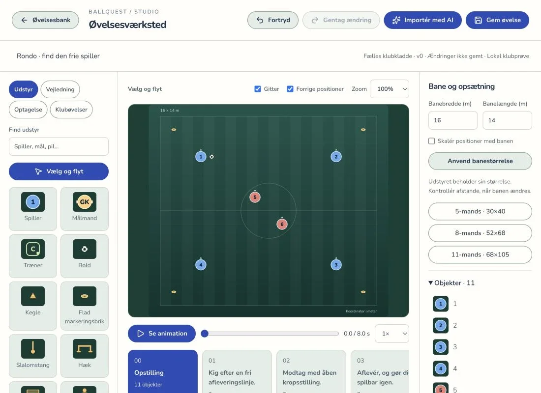 Øvelsesværkstedet på desktop med udstyr, taktikboard og animationskontrol.