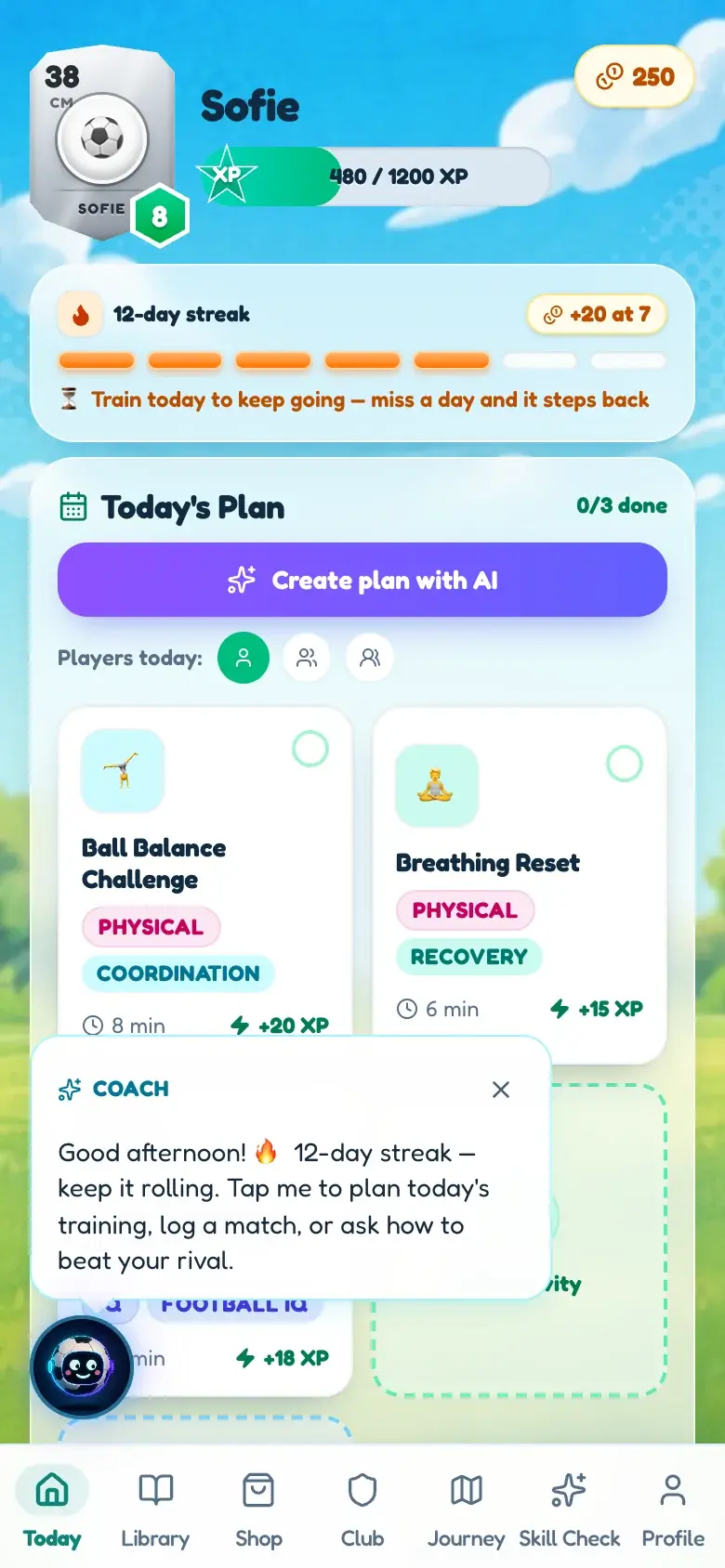 The BallQuest home screen on a phone with the coach speaking from the corner: a greeting, the streak, and an offer to plan today’s training.