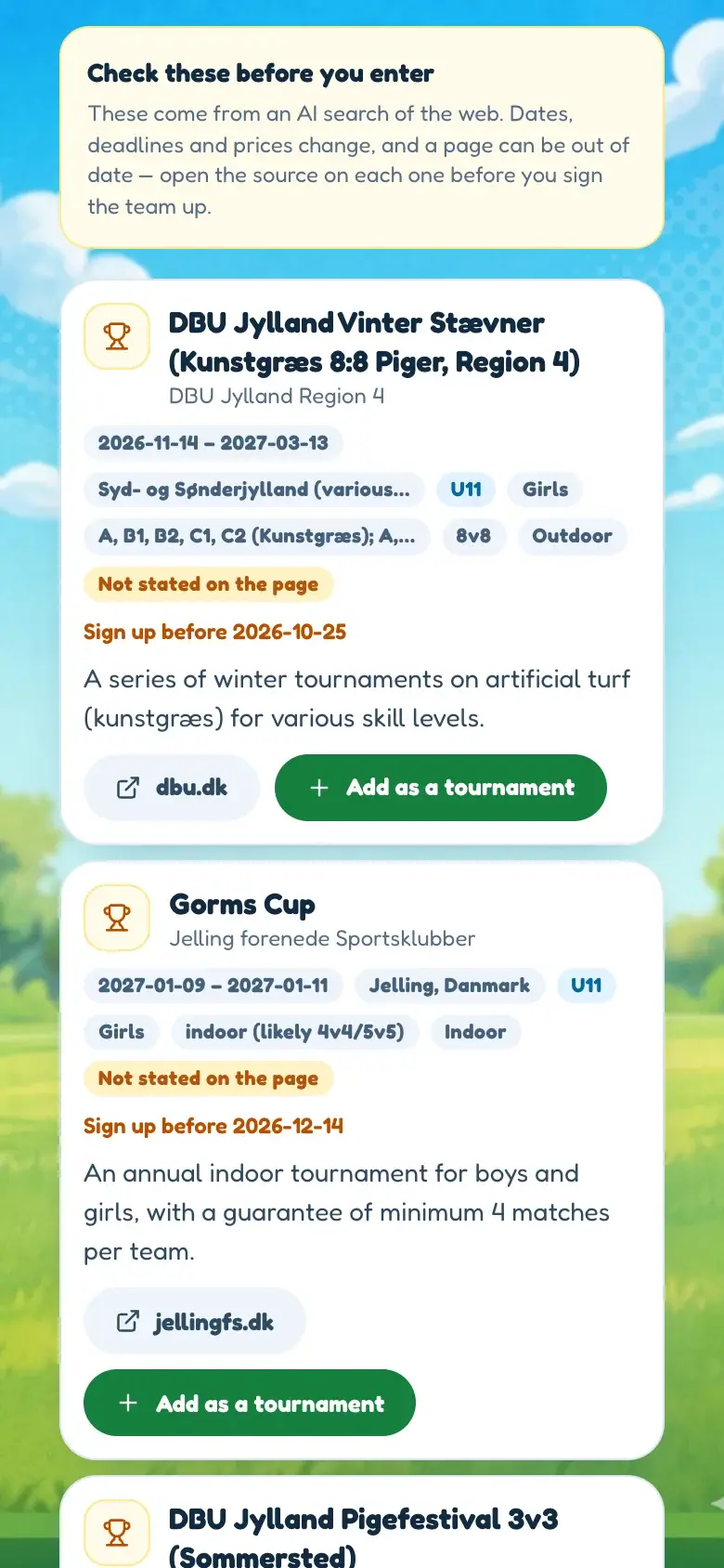 Finding a tournament in BallQuest on a phone: tournaments found on the web, each with its dates, its town, the age group and the entry deadline, a link to the page it came from, and a button to add it to the team.