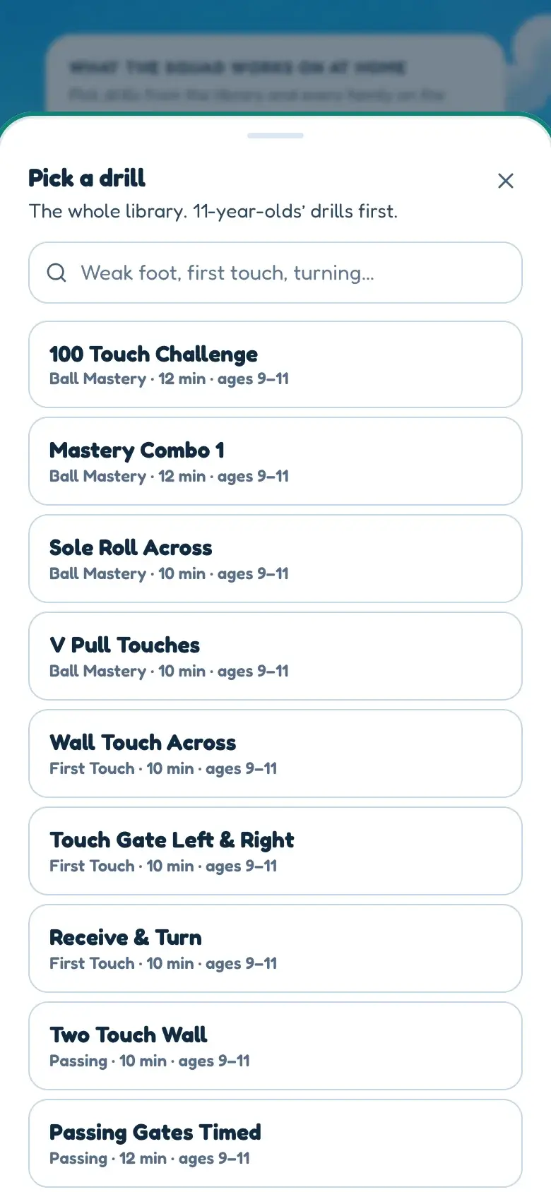 Setting homework in BallQuest on a phone: a search across the drill library, with the drills for the team’s own age group listed first.