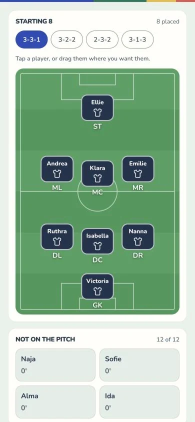An eight-a-side starting lineup with positions and substitutes.
