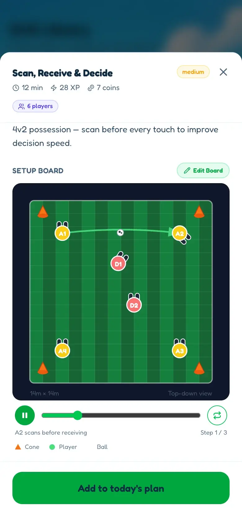 A BallQuest drill on a phone, with an animated tactics board showing players, cones and the ball.