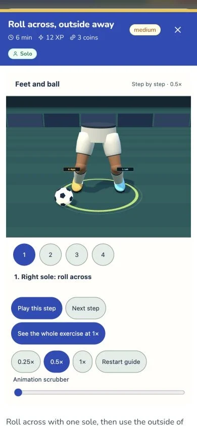 A step-by-step 3D guide showing the feet and ball.