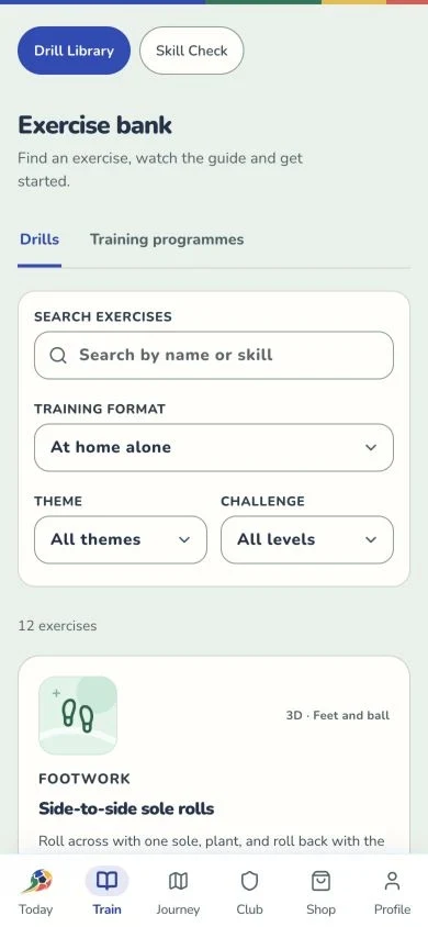 The exercise library with home, partner and team practice.