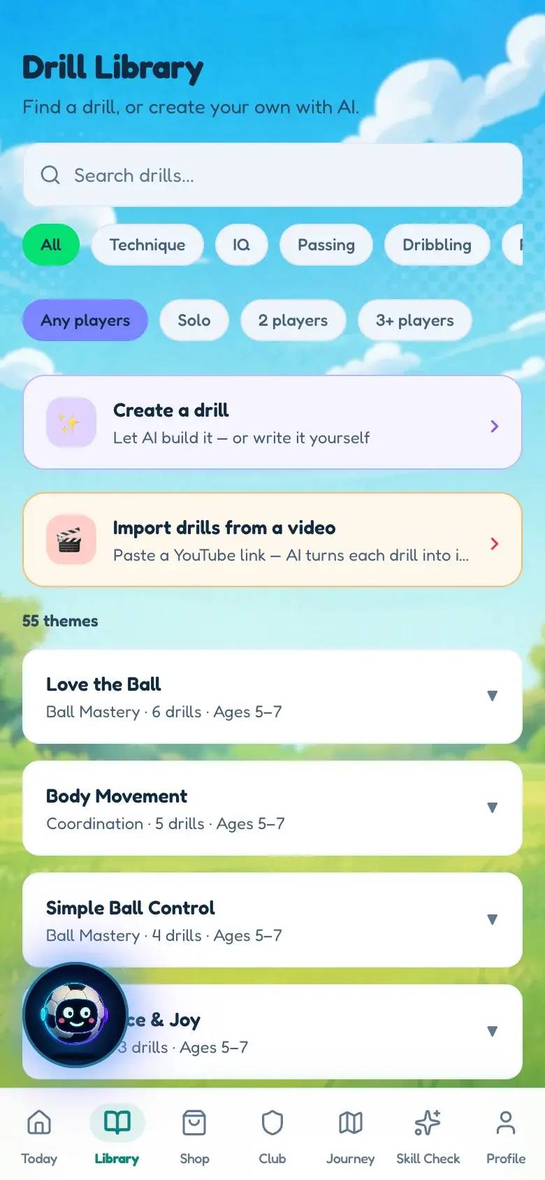 The BallQuest drill library on a phone: a search field, category filters and a list of themes.