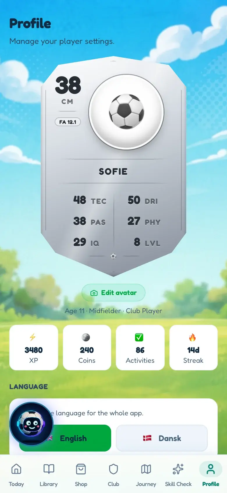 A BallQuest player profile on a phone: a player card with skill ratings, XP, coins and the language switch.