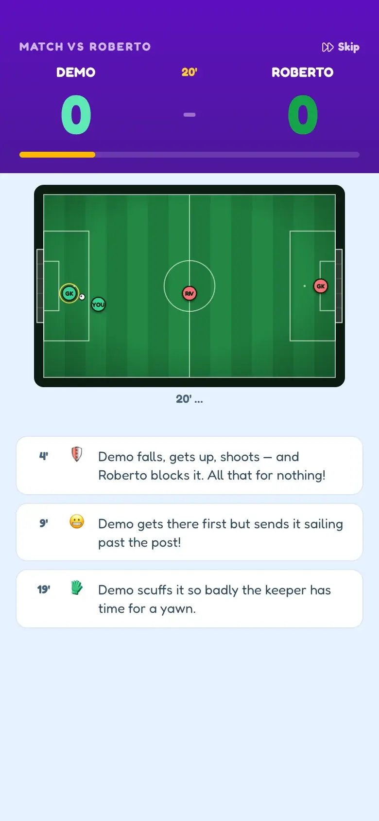 A BallQuest rival match on a phone: the score at 21 minutes, the move being played out on a pitch, and the highlights of the match so far.