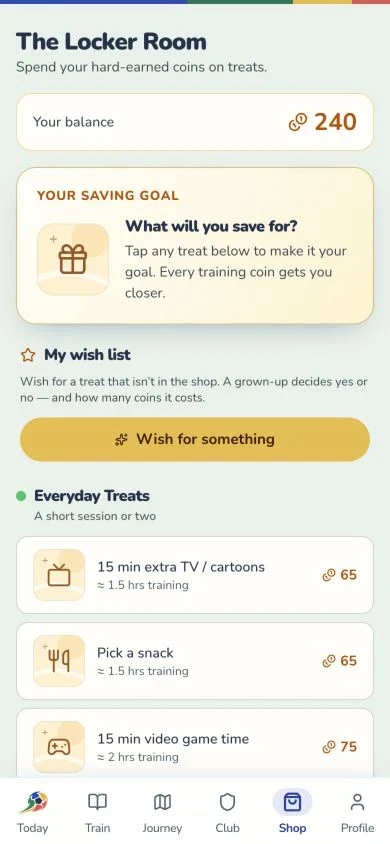 The shop with rewards earned through training.