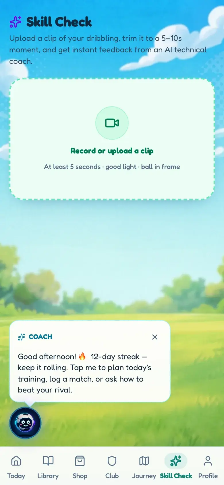 Skill Check on a phone: a panel asking for a five to ten second clip of the player dribbling, in good light with the ball in frame.