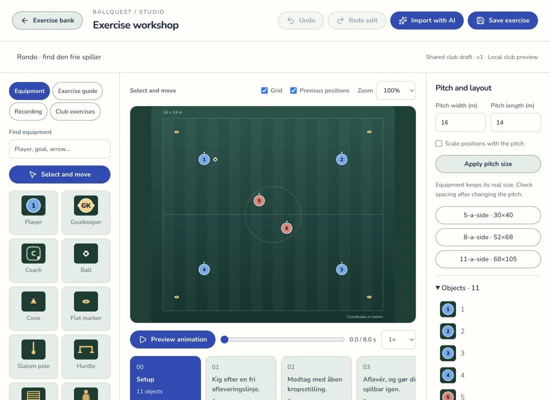 The desktop exercise studio with equipment, a tactics board and animation controls.