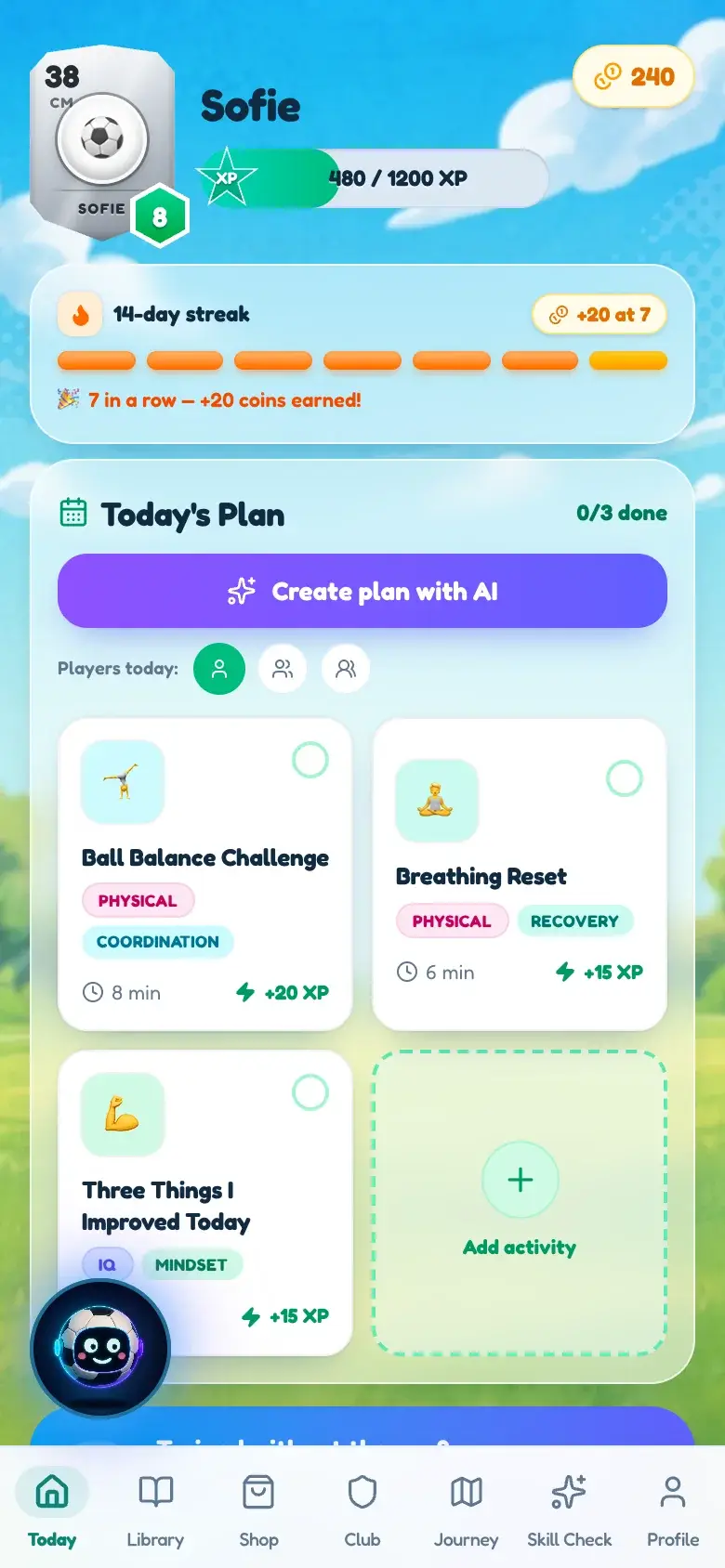 The BallQuest home screen on a phone: a player card, a 14-day streak and the training plan for today.