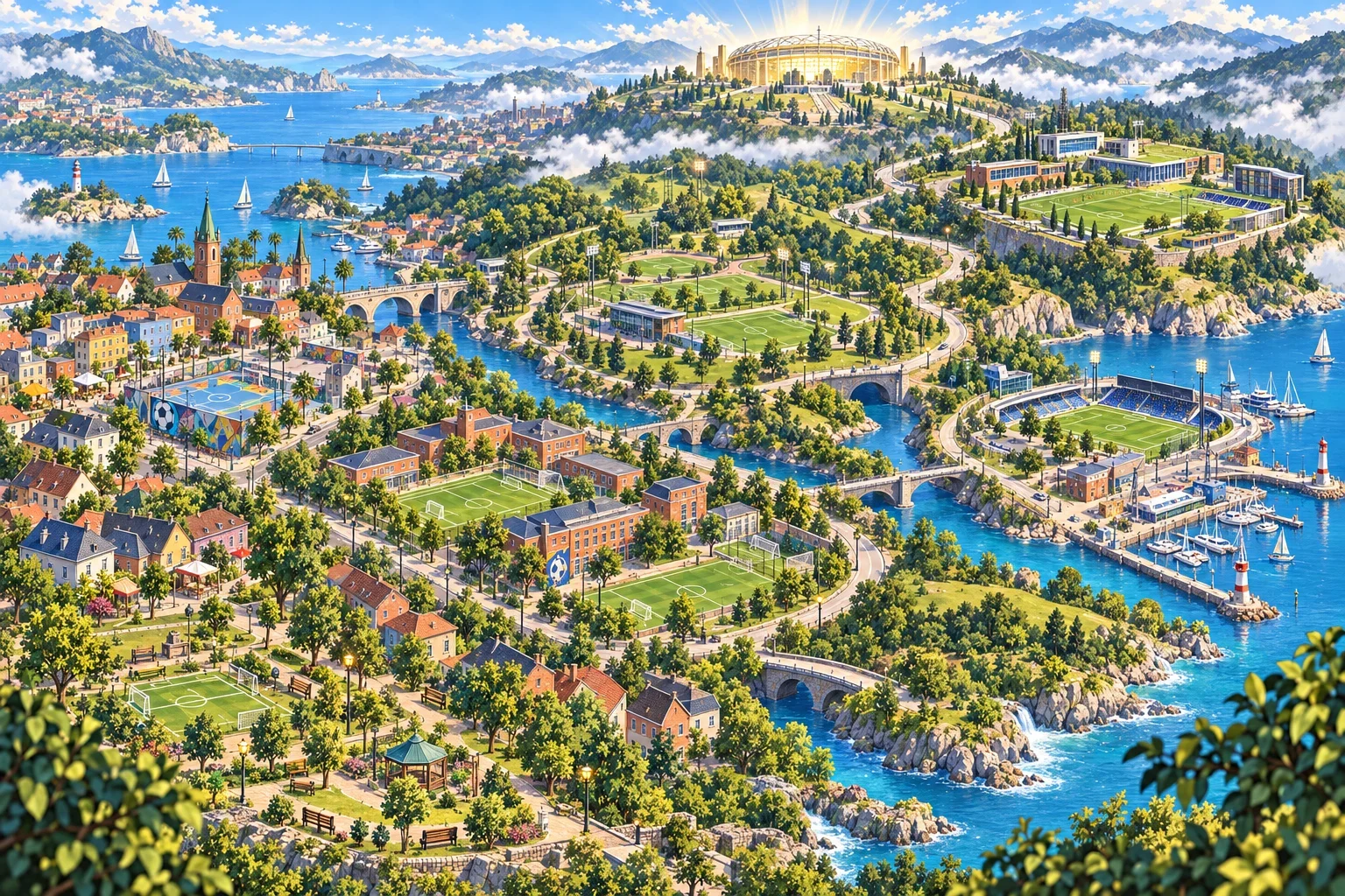 The illustrated adventure world, from the neighbourhood park to the final stadium.